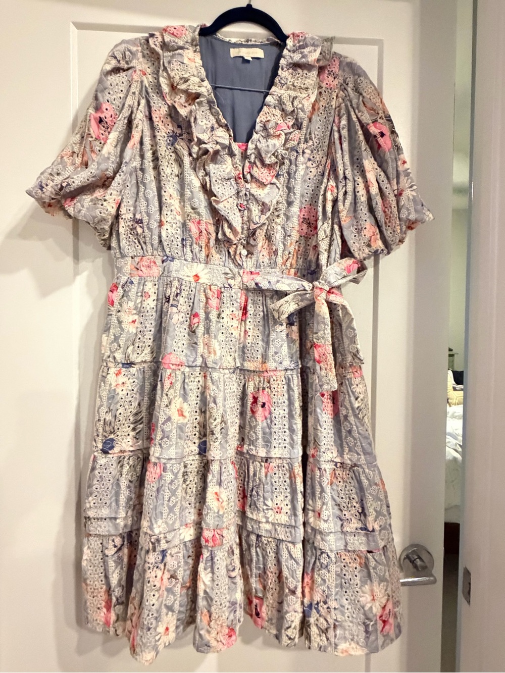 Dance & Marvel Women’s Small Puff Sleeve Tie Waist Dress Blue Pink Floral XXL